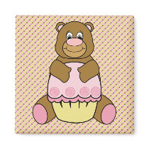 Bear With Pink Cupcake Stripes N' Dots Magnet