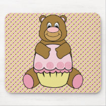 Bear With Pink Cupcake Stripes N' Dots Mousepad