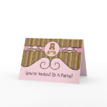 Bear With Pink Cupcake Vertical Stripe Invitation