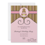Bear With Pink Cupcake Vertical Stripes Invitation