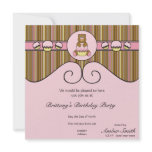 Bear With Pink Cupcake Vertical Stripes Invitation