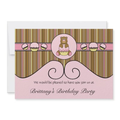 Bear With Pink Cupcake Vertical Stripes Invitation by animalacres
