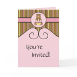 Bear With Pink Cupcake Vertical Stripes Invitation