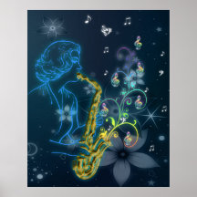 Beautiful and cool Glowing blue lady playing music Poster