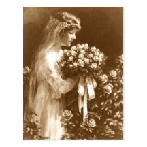 Beautiful bride with a rose bouquet postcards