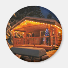 Beautiful Christmas Lights on Log Cabin in Snow Refrigerator Magnets