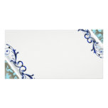 Beautiful navy blue swirls and aqua damask photo card template