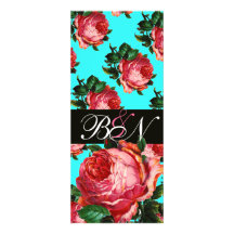 BEAUTIFUL PINK ROSE AQUA BLUE TEAL FLORAL MONOGRAM CUSTOM ANNOUNCEMENT