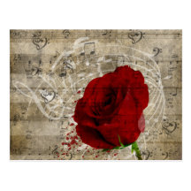 Beautiful red rose music notes swirl faded piano post card