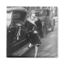 Beautiful woman and cars, 1920s fridge magnets