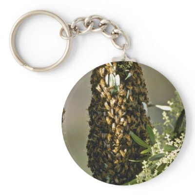 Bee swarm in tree Pink flowers Keychains by blueyellowtube