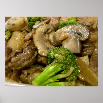 Beef, broccoli & mushroom stir fry posters by JeanC_PurpleDucky