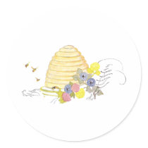Beehive of Coiled Straw and Flowers Round Stickers