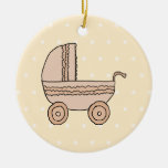 Beige Baby Pram. On spotty background. Christmas Tree Ornament