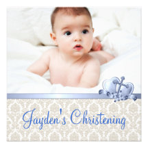 Beige Blue Damask Boys Photo Christening Custom Invites