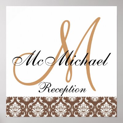 Beige Brown Damask Monogram Wedding Reception Posters by monogramgallery