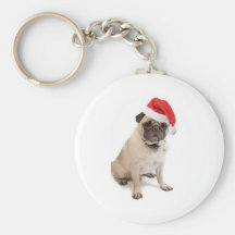 Beige pug with red santa hat on keychains