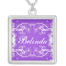 "Belinda" on purple flourish swirls necklace