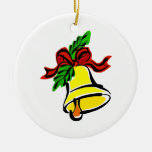bell hanging from bow and holly ornament