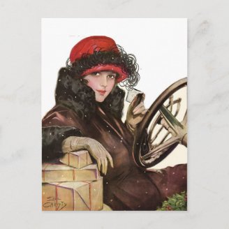 Belle, a vintage lady Christmas shopping Postcard