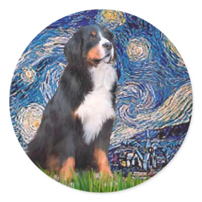 Bernese - Starry Night Round Stickers by masterpiecedogs