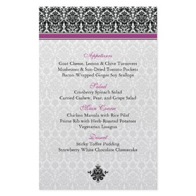 Berry Purple, Black, White Damask Menu Card by wasootch