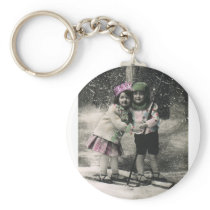 Best Friends, Children on Skis on Christmas Day Key Chains