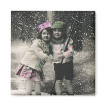 Best Friends, Children on Skis on Christmas Day Refrigerator Magnets