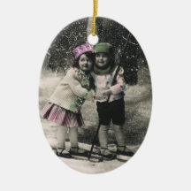 Best Friends, Children on Skis on Christmas Day Ornament