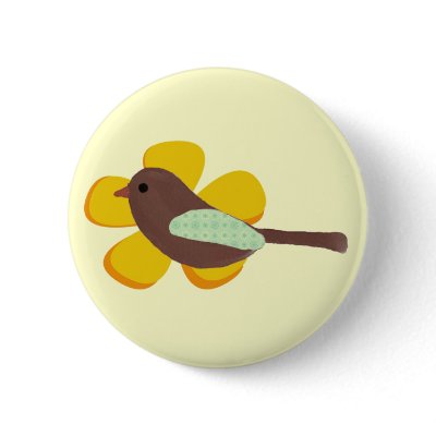 Big Yellow Flower and Little Brown Bird Button Pin by sfcount