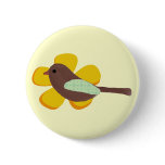 Big Yellow Flower and Little Brown Bird Button Pin