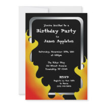 Biker Flames Silver Frame Birthday Invitations