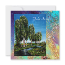 BIRCH TREES IN TUSCANY, blue green gold sparkles Personalised Announcement