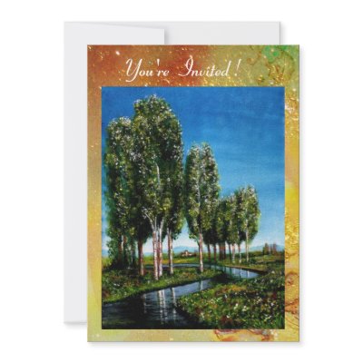 BIRCH TREES IN TUSCANY,green brown yellow sparkles Personalised Invitations by bulgan_lumini