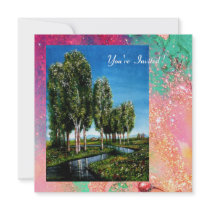 BIRCH TREES IN TUSCANY, pink green gold sparkles Invites