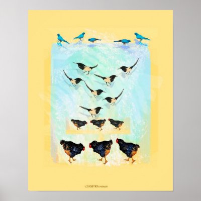 Bird collage painting hens, magpies, bluebirds poster by eyecontact