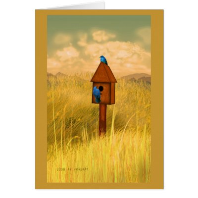 Bird house in country 2 bluebirds Mum's Day card by Artful_Valentine