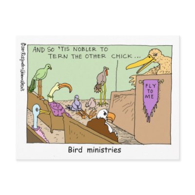 Bird Ministries Funny Religion Cartoon Gifts Tees Post Card by beardiethor123
