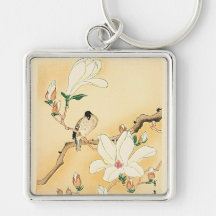 Bird on Magnolia Tree Japanese Woodblock Print Keychain