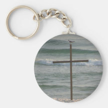 Bird On Wooden Cross by the Ocean Key Chains