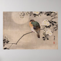 Bird perched on a branch of a blossoming tree print