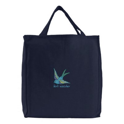 Bird watcher sparrow embroidered canvas tote bag by JameneEmbroidery