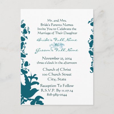 Bird Wedding Invitation Sea Blue Font on White Postcards by samack