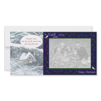 birdhouse in the snow, doves and holly, blue personalized photo card