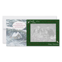 birdhouse in the snow, doves and holly, green photo greeting card