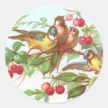 Birds & Cherries Victorian Trade Card Round Stickers