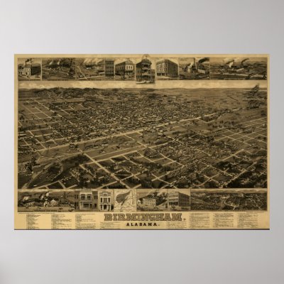 Birmingham, AL Panoramic Map Birds Eye View Posters by PaperTimeMachine