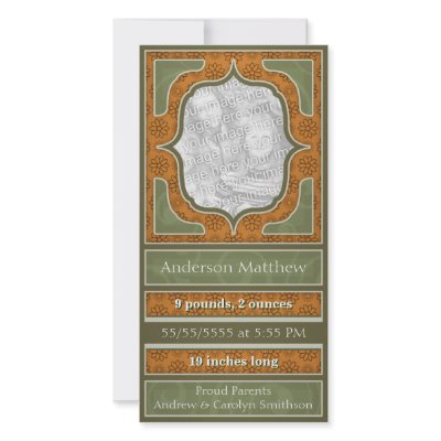 Birth Announcement Elegant Green Orange by OrangeBirdDesigns
