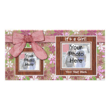 Birth Announcement, Pink Frames and Bow Photo Card
