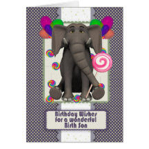 birth son greeting card with cute elephant, lolly
